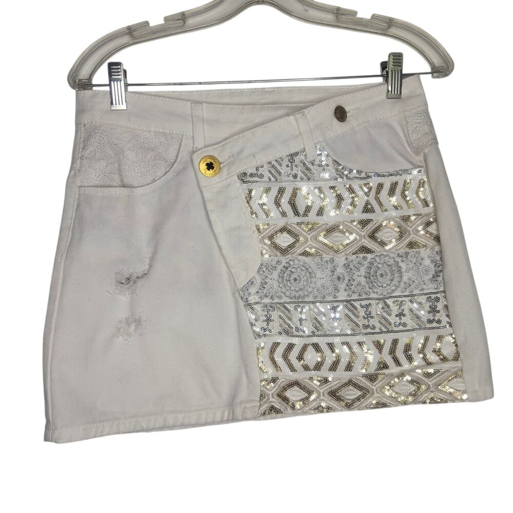 NWT Desigual Womens Bling Euro Skirt Denim Mini Sequin Exotic Jeans Ripped 26